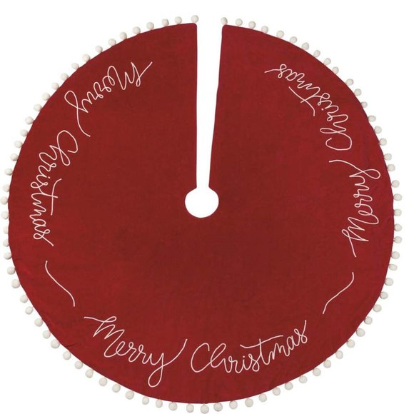 Tree Skirt - Velvet Merry Christmas Tree Skirt with Pom Fringe - 52 inch - Picture 1 of 2
